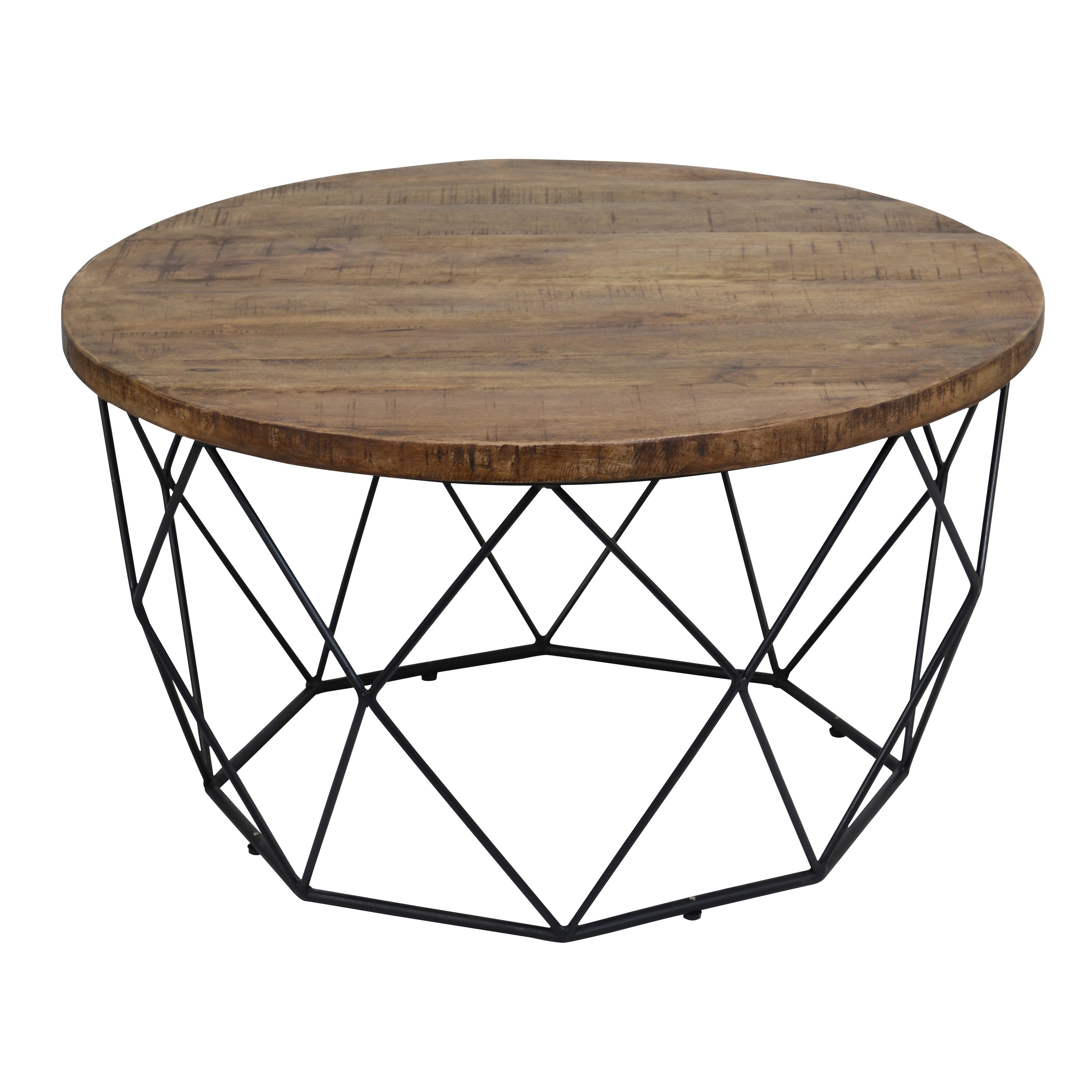 Round Wooden Coffee Table With Geometric Cutout Iron Base