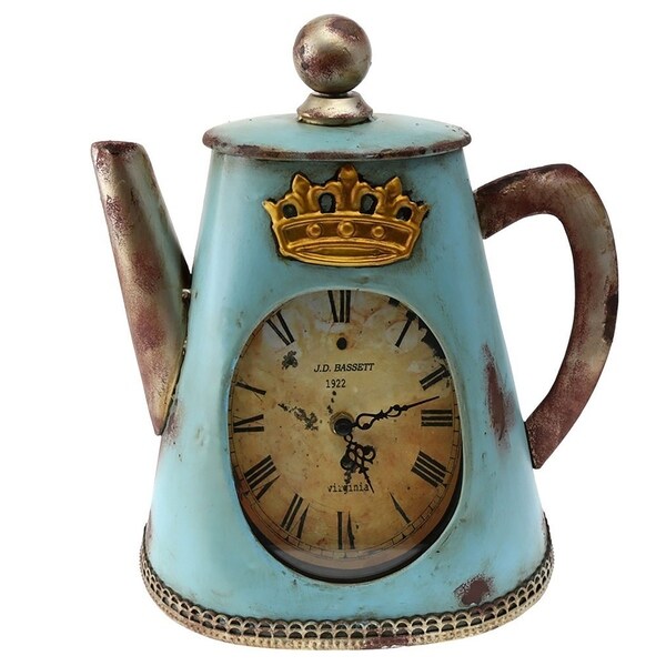 Creative Home Distressed Tea Kettle Shape Metal Analog Clock, 11" x 4-3/4" x 13" H, Aqua Blue