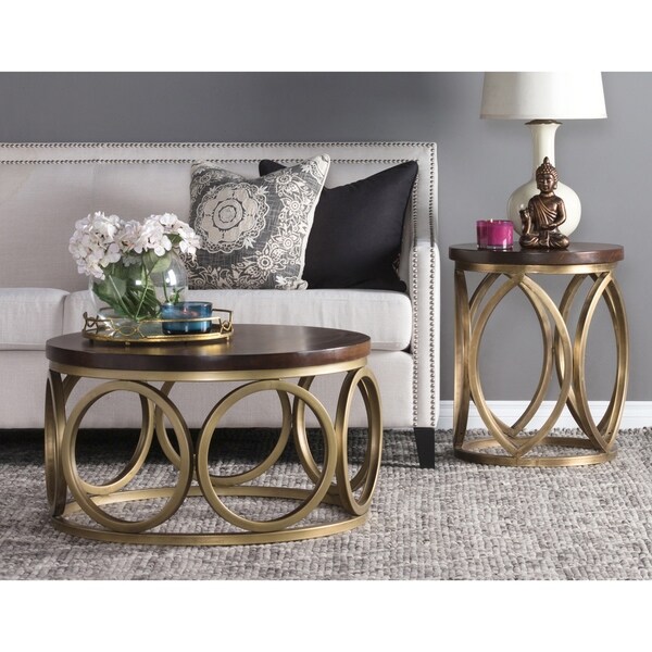 Round Iron Framed Coffee Table with Wooden Top, Brown and Gold. Opens flyout.