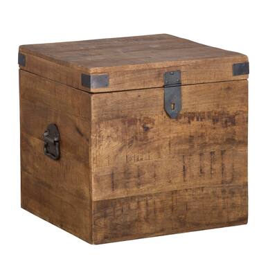 Mango Wood Square Storage Trunk with Iron Handles and Latch, Brown