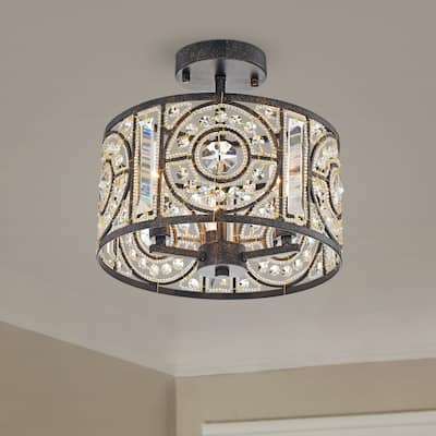 Silver Orchid Reid Bronze 3-Light Semi-Flush Mount with Crystal Drum Shade