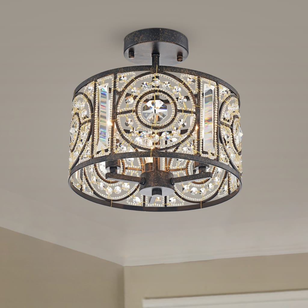 Silver Orchid Reid Bronze 3-Light Semi-Flush Mount with Crystal Drum Shade