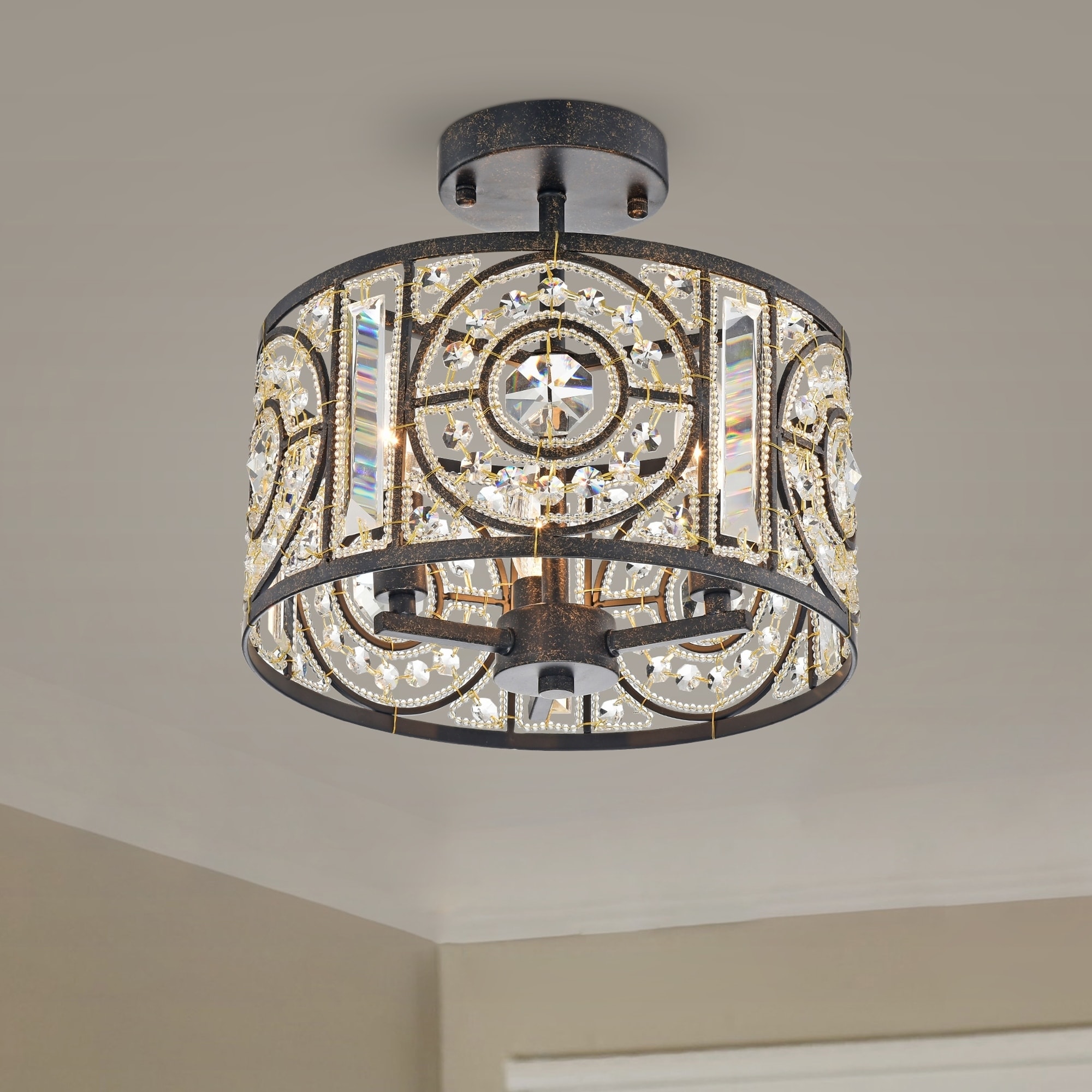 Warehouse of Tiffany Reid Bronze 3-Light Semi-Flush Mount with Crystal Drum Shade
