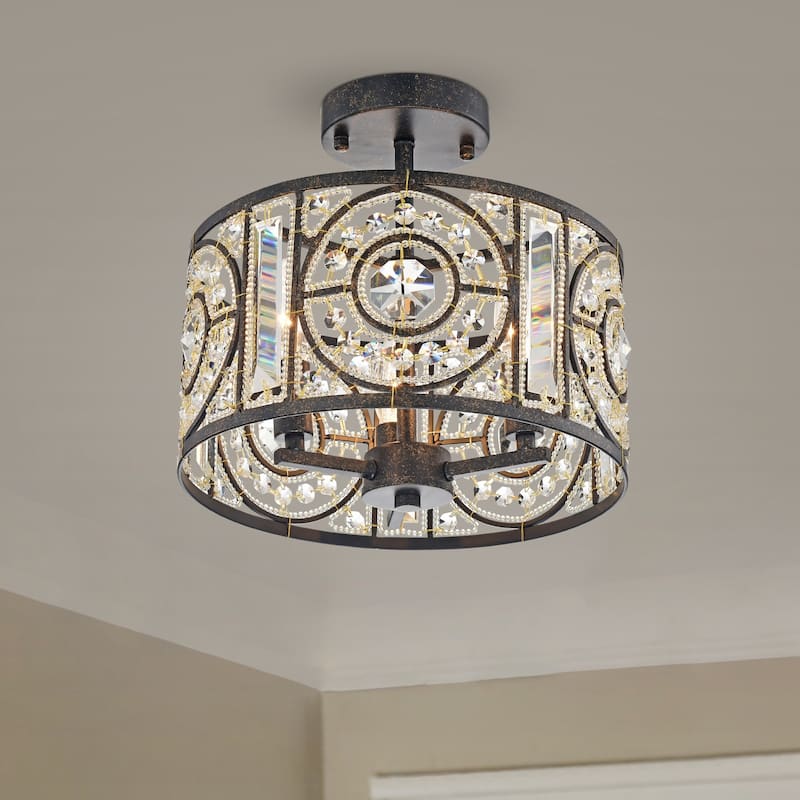Silver Orchid Reid Bronze 3-Light Semi-Flush Mount with Crystal Drum Shade