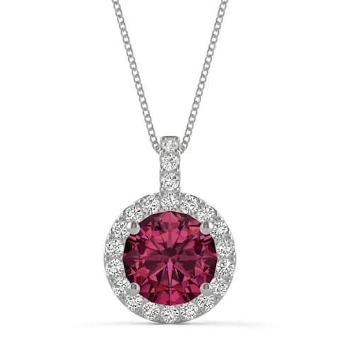 14k White Gold Moissanite by Charles & Colvard Round Halo Pendant with Lab Created Ruby