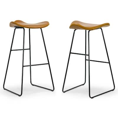 Set of 2 Aoi Brown Faux Leather Backless Barstool with Black Metal Legs