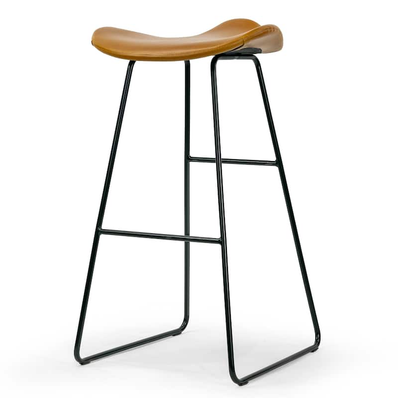 Set of 2 Aoi Brown Faux Leather Backless Barstool with Black Metal Legs