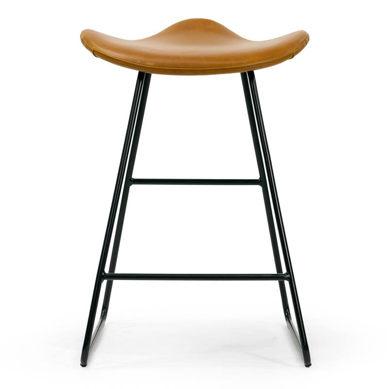 Set of 2 Aoi Brown Faux Leather Backless Counter Stool with Black Metal Legs