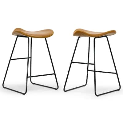 Set of 2 Aoi Brown Faux Leather Backless Counter Stool with Black Metal Legs