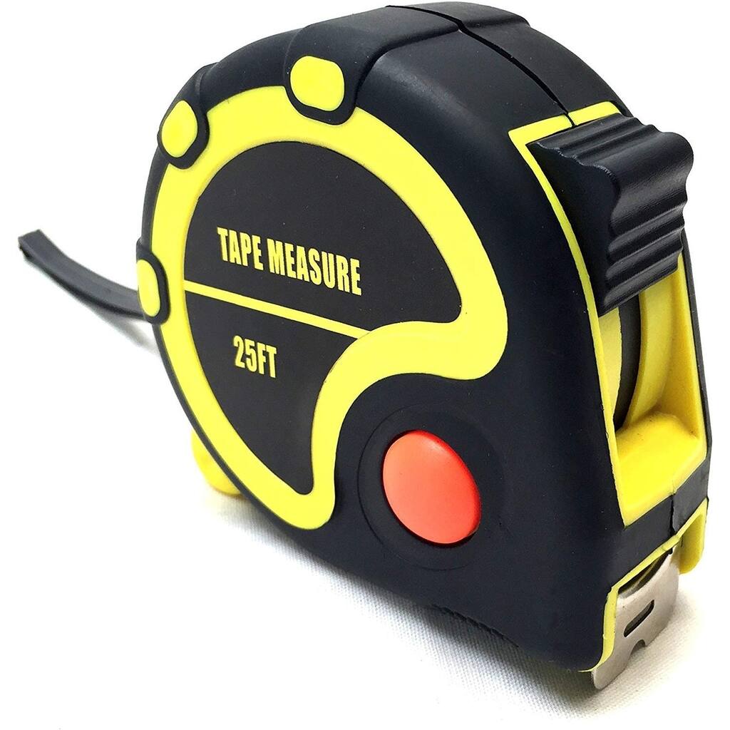 25 Foot Rubberized Tape Measure with Quick Stop Button - black yellow red