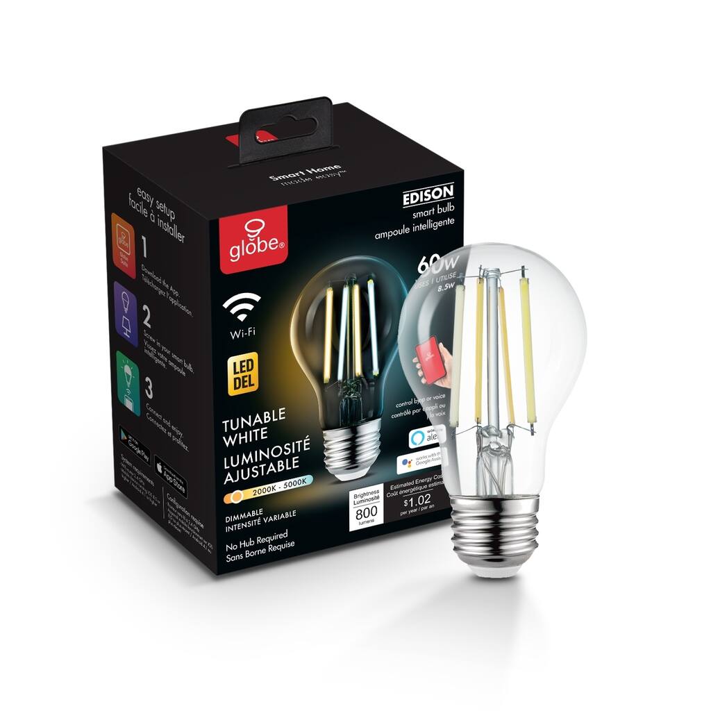 Wi-Fi Smart Vintage Filament Tunable White LED Bulb A19 E26 Base - Clear