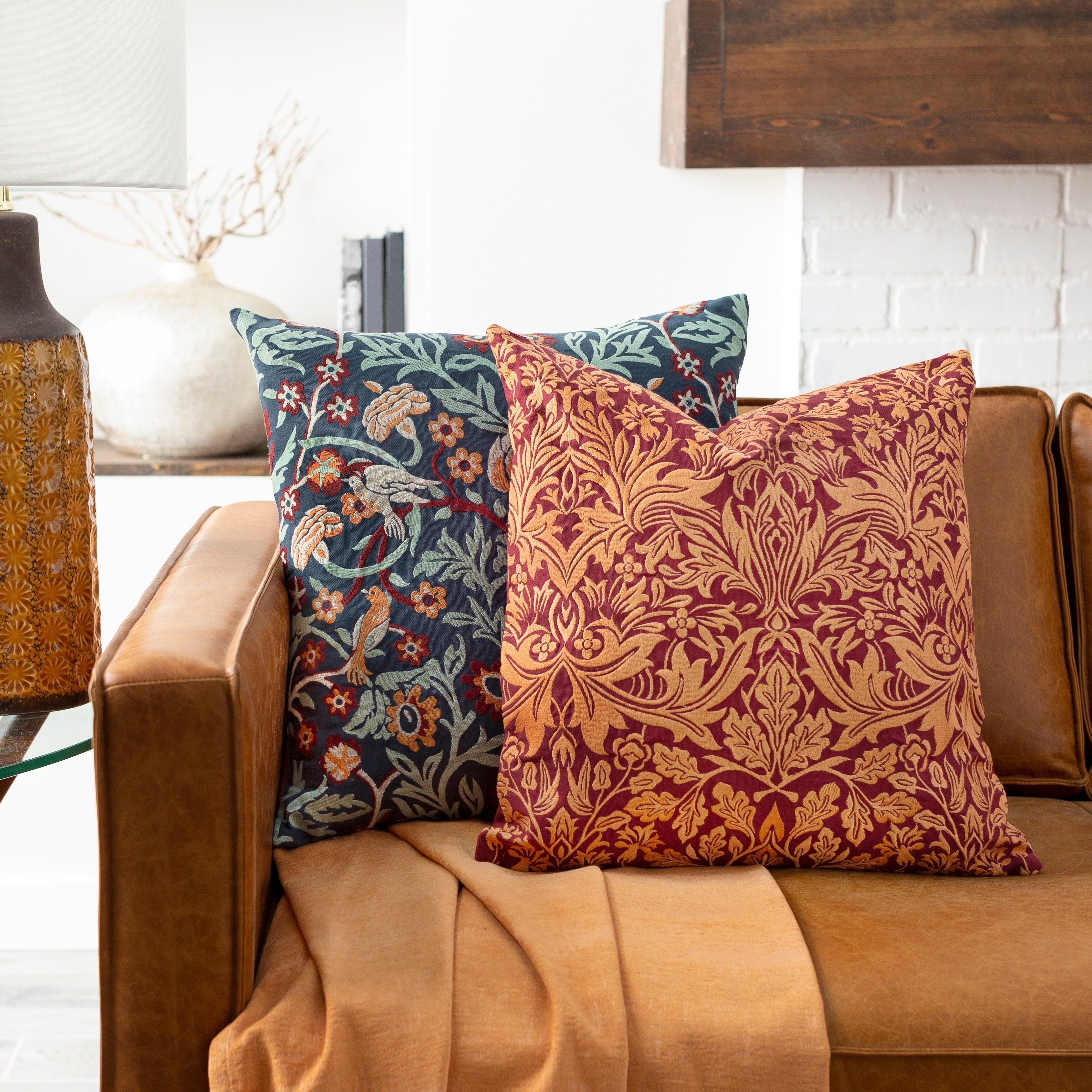 Storey Embroidered Damask 22-inch Poly or Feather Down Throw Pillow
