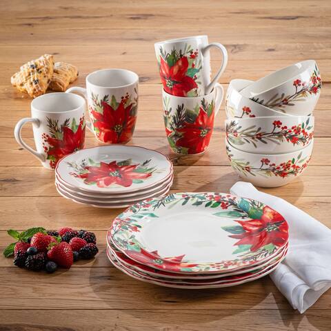 American Atelier Poinsettia Party Round Porcelain 16-Piece Dinnerware Set, Service For 4