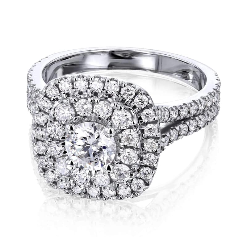Kobelli 1.7 Carats Natural Diamond 14k Solid Gold Double Halo Cushion Cluster Serah Engagement Ring - 11 - White