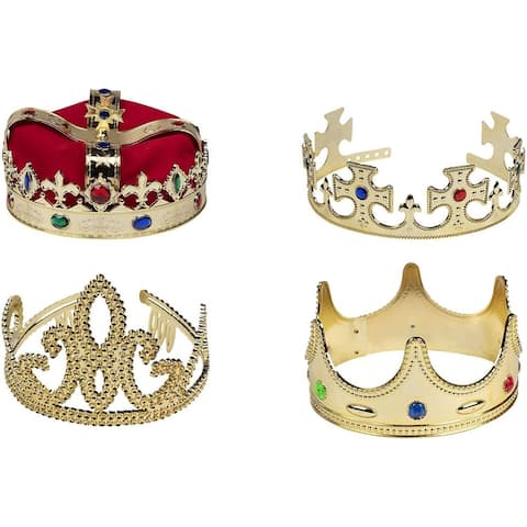 4x Gold Crown Royal King Queen Jeweled Halloween Costume Accessory, Party Hat