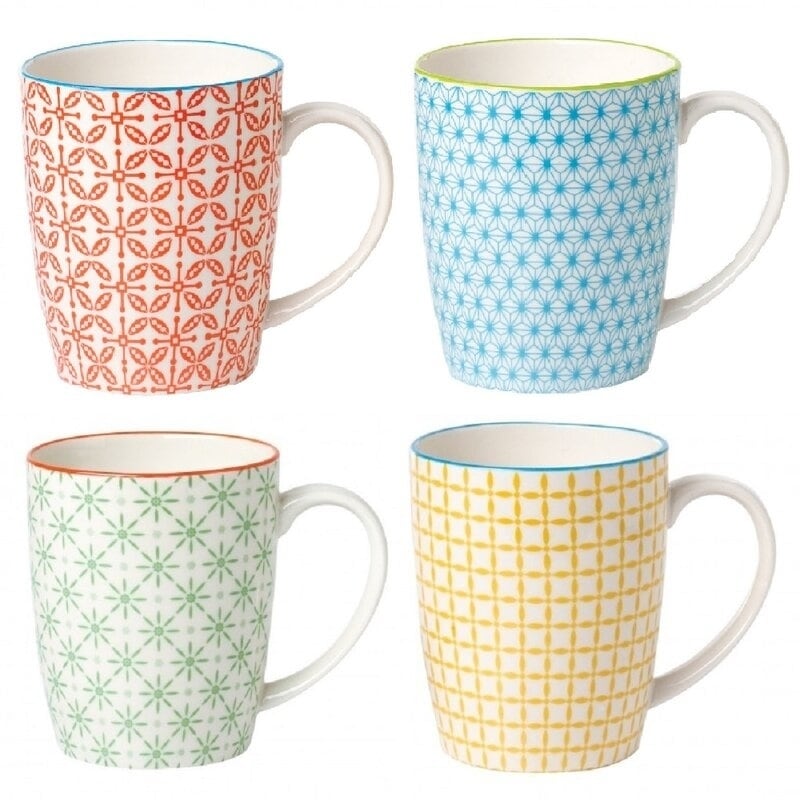 RW Essentials Floral Haven Multi-Color Porcelain Coffee Mugs Set of Four New 