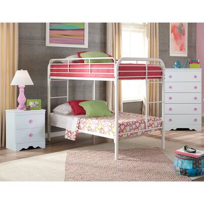 A Furniture Classics Savannah Collection 269K3TT including Twin over Twin Metal Bunkbed, Night Stand, and Five Drawer Chest
