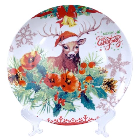 Christmas Reindeer Round Appetizer Plate 7" with Plate Holder