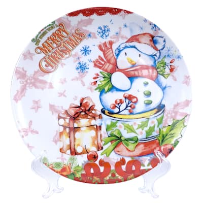 Christmas Snowman Round Appetizer Plate 7" with Plate Holder
