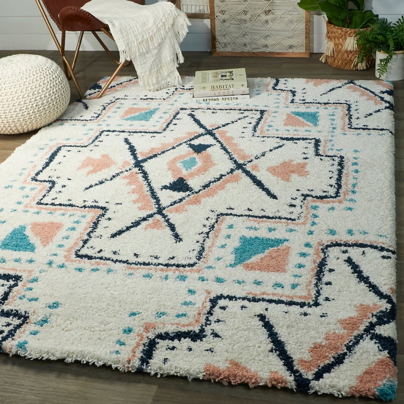 Dakarai Geometric Shag Area Rug - 5'3" x 7' - White - Runner