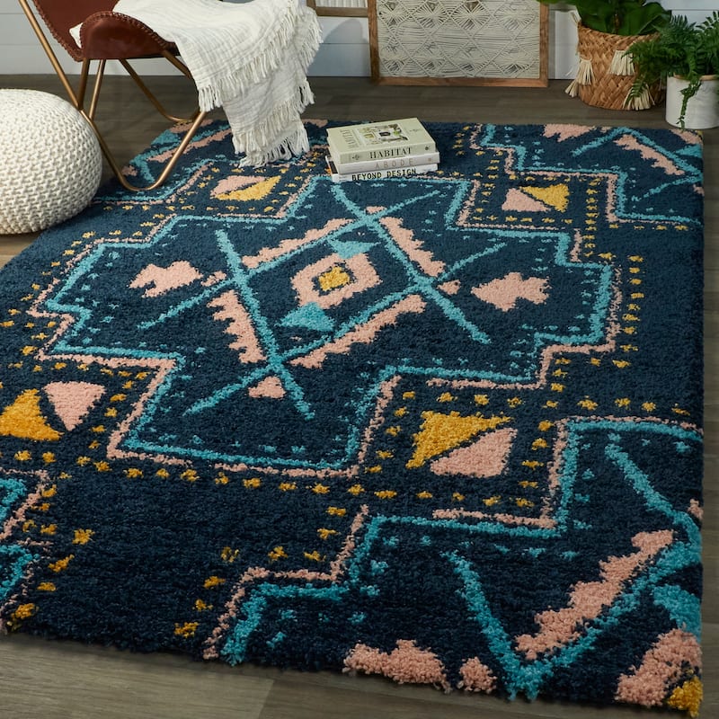 Dakarai Geometric Shag Area Rug - 2' x 7' Runner - Navy - Runner