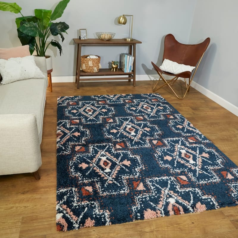Amaru Geometric Shag Area Rug - 7'10" x 10' - Navy - Runner