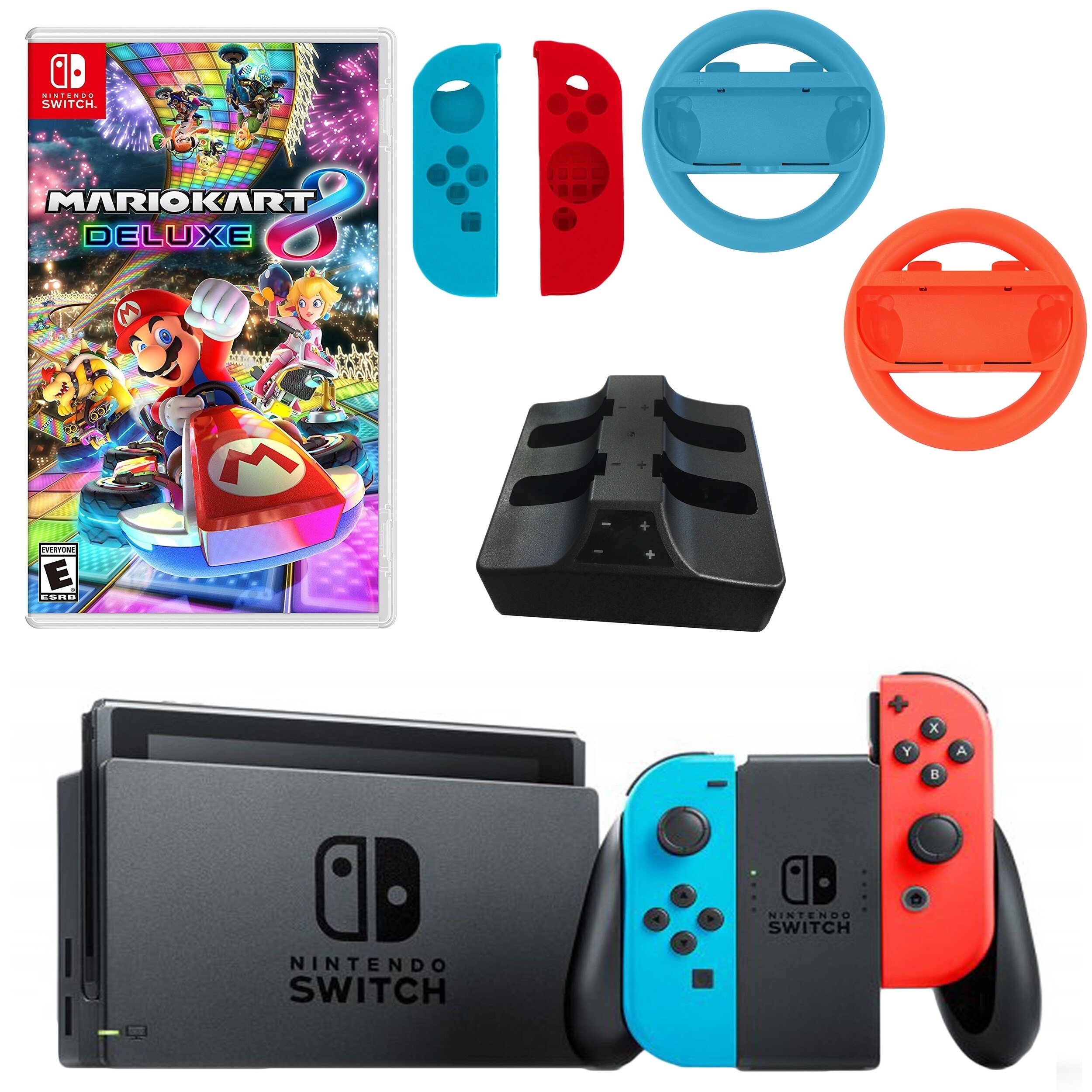 nintendo switch in neon with mario kart game and accessories