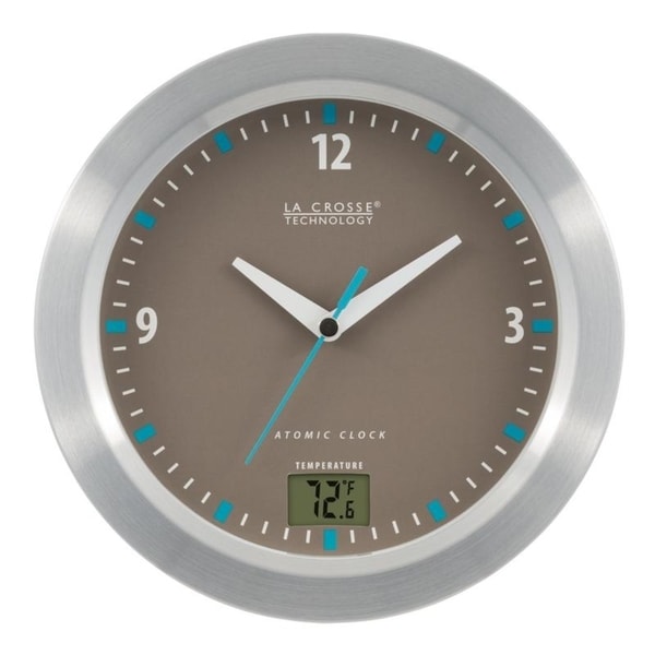 LA Crosse Technology Wood Accent Atomic Digital Wall Clock with in//Outdoor Temperature in White