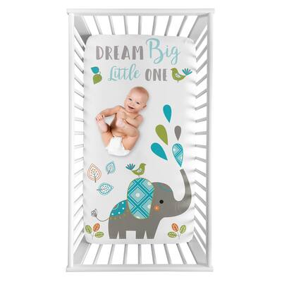Sweet Jojo Designs Mod Elephant Collection Boy Girl Photo Op Fitted Crib Sheet - Turquoise Blue Green Grey Dream Big Little One