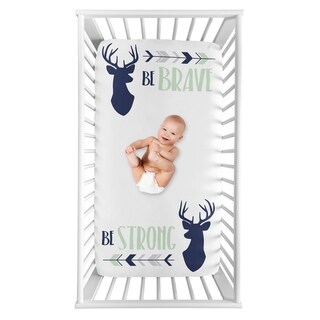 Sweet Jojo Designs Woodland Deer Collection Boy Photo Op Fitted Crib Sheet - Navy Blue Mint Grey Woodsy Arrow Be Brave Be Strong