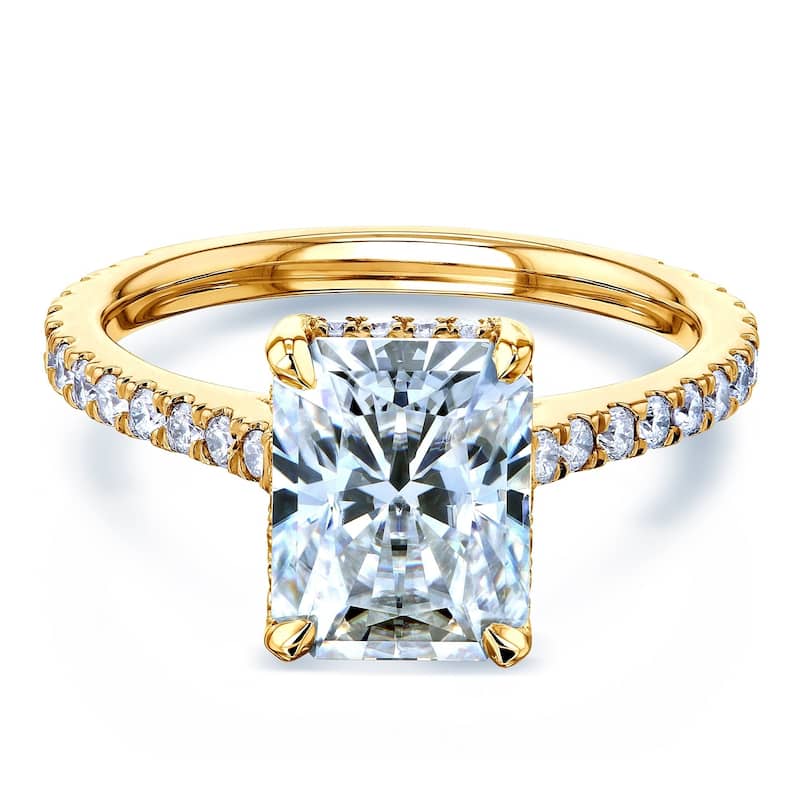 Kobelli 3.1 Carats Moissanite & Natural Diamond 14k Solid Gold Radiant Drop Halo Near Eternity Comfort Fit Bristol Ring - 6.5 - Yellow
