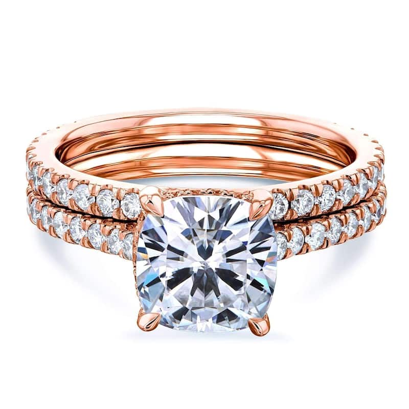 Annello by Kobelli 14k Gold 2 4/5ct TGW Cushion Moissanite and Diamond Drop Halo Comfort Fit Bridal Set (HI/VS, GH/I). - 10 - Rose