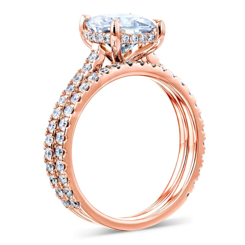 Annello by Kobelli 14k Gold 2 4/5ct TGW Cushion Moissanite and Diamond Drop Halo Comfort Fit Bridal Set (HI/VS, GH/I).