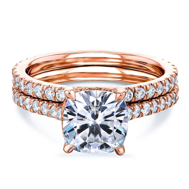 Annello by Kobelli 14k Gold 2 4/5ct TGW Cushion Moissanite and Diamond Drop Halo Comfort Fit Bridal Set (HI/VS, GH/I).