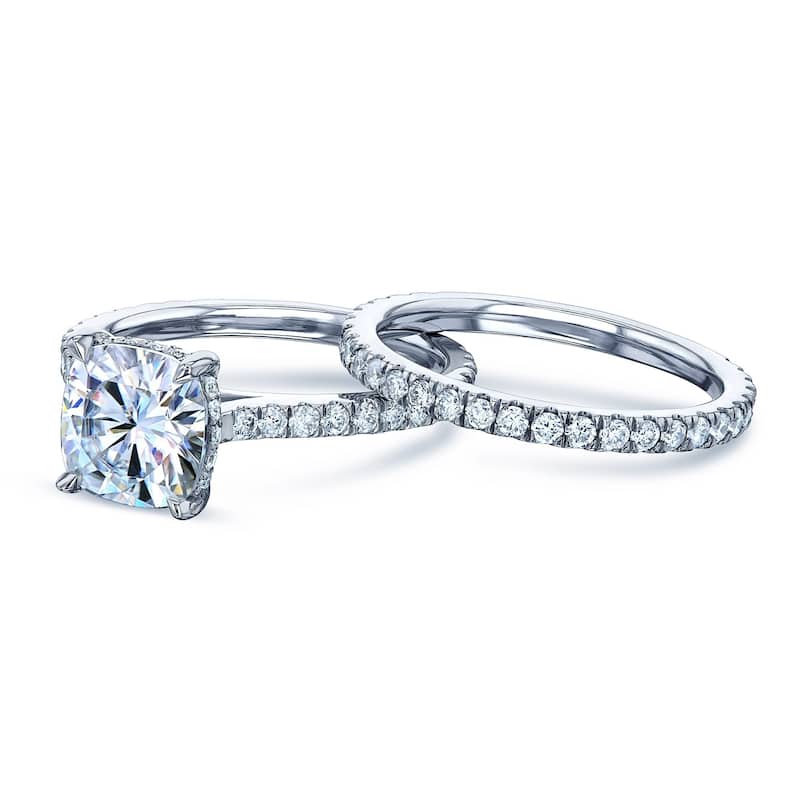 Annello by Kobelli 14k Gold 2 4/5ct TGW Cushion Moissanite and Diamond Drop Halo Comfort Fit Bridal Set (HI/VS, GH/I).