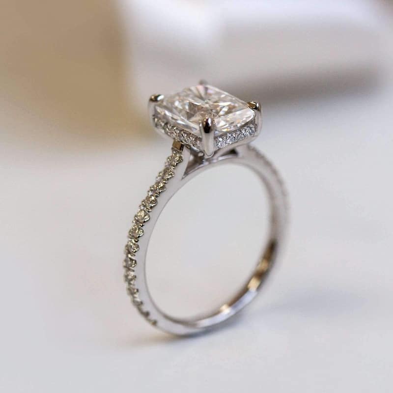 Annello by Kobelli 14k Gold 3 1/8 TCW Radiant Forever One Moissante and Diamond Drop Halo Comfort Fit Engagement Ring..