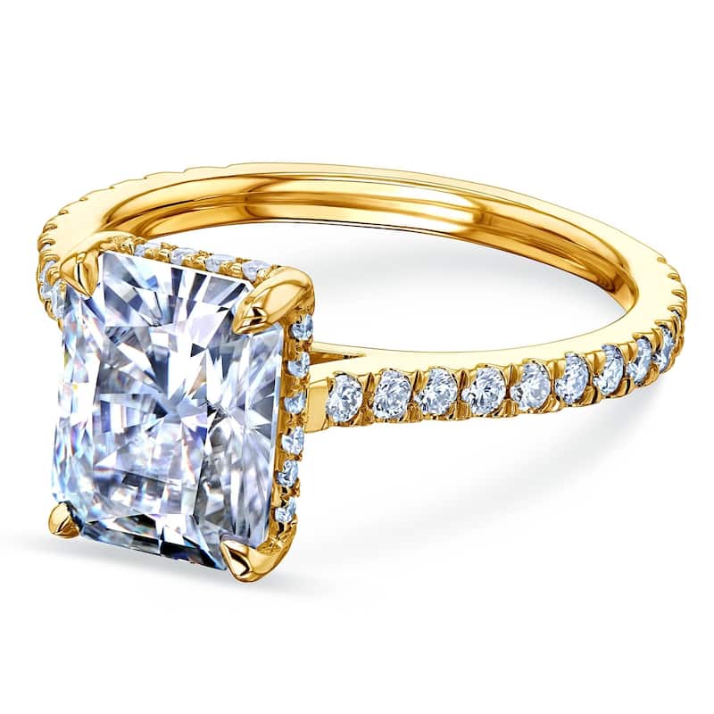 Annello by Kobelli 14k Gold 3 1/8 TCW Radiant Forever One Moissante and Diamond Drop Halo Comfort Fit Engagement Ring..