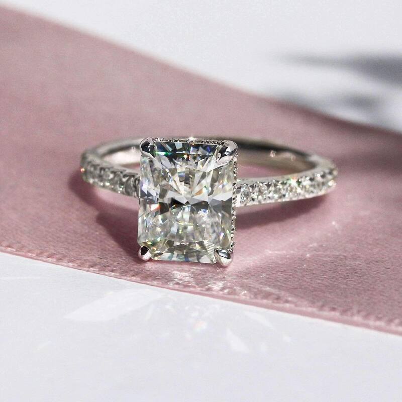 Annello by Kobelli 14k Gold 3 1/8 TCW Radiant Forever One Moissante and Diamond Drop Halo Comfort Fit Engagement Ring..