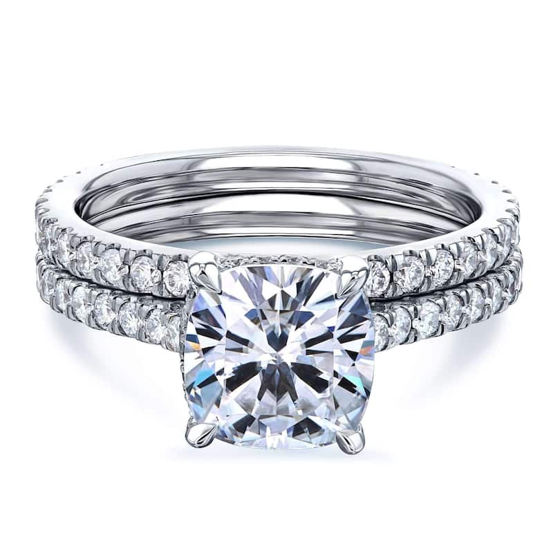 Annello by Kobelli 14k Gold 2 4/5ct TGW Cushion Forever One Moissanite and Diamond Drop Halo Comfort Fit Bridal Set. - 9 - White