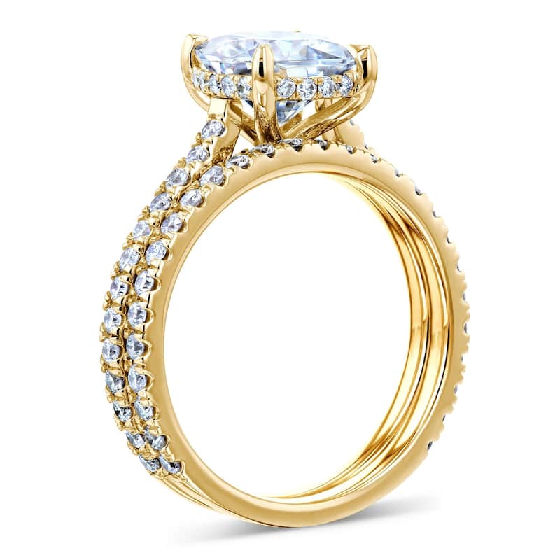 Annello by Kobelli 14k Gold 2 4/5ct TGW Cushion Forever One Moissanite and Diamond Drop Halo Comfort Fit Bridal Set.