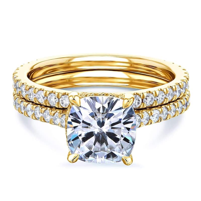 Annello by Kobelli 14k Gold 2 4/5ct TGW Cushion Forever One Moissanite and Diamond Drop Halo Comfort Fit Bridal Set. - 10 - Yellow