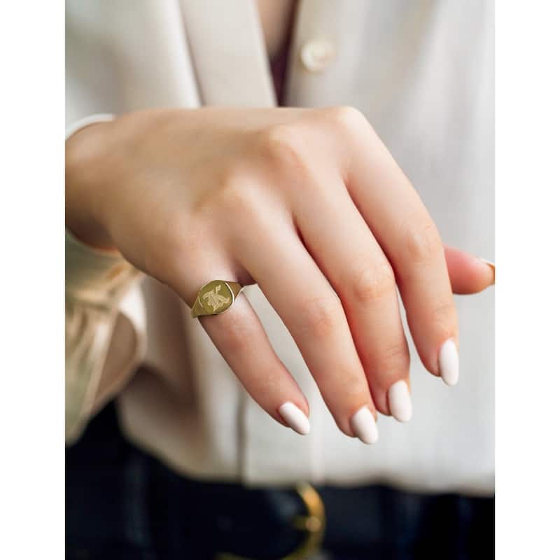 Annello by Kobelli 14k Yellow Gold Personalized Signet Initials Cushion Ring - Old Script