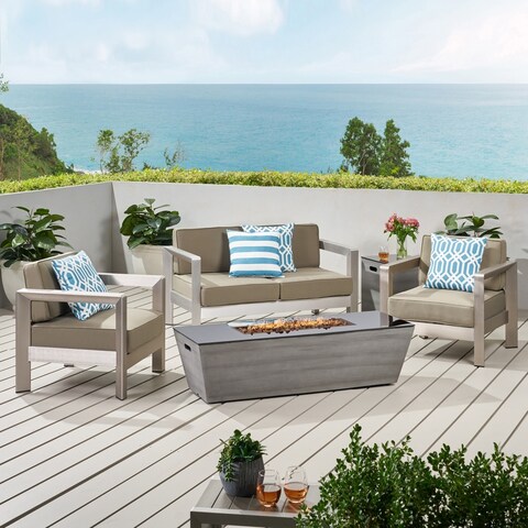 Amata Outdoor Modern 4 Seater Aluminum Chat Set with Fire Pit and Tank Holder by Christopher Knight Home
