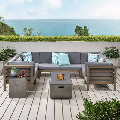 Alaya Outdoor 8 Seater Acacia Wood Sectional Sofa Set with Fire Pit and Tank Holder by Christopher Knight Home