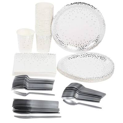 24 Disposable Dinnerware for Birthday Bridal Shower Party, Silver Foil Polka Dot