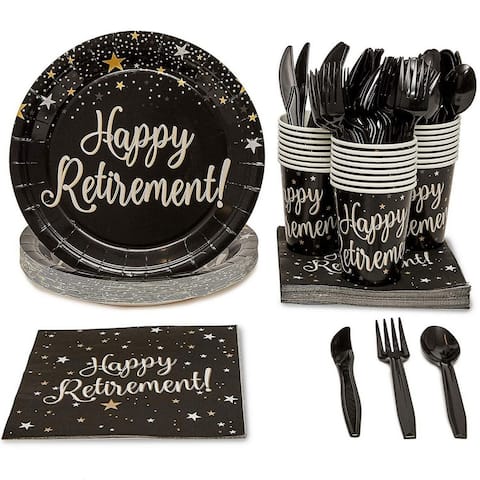 24 Set Happy Retirement Party Supplies Knives Spoons Forks Plates Napkins Cups
