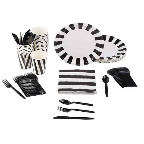 24 Set Disposable Dinnerware Black and White Party Supplies for Happy Halloween
