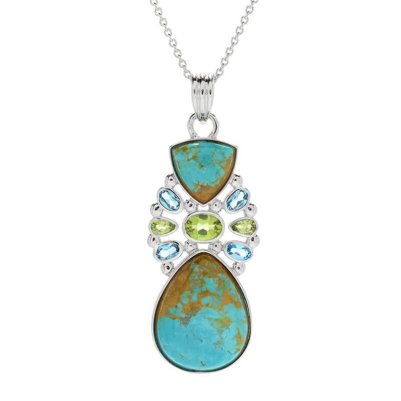 925 Sterling Silver Peridot,Tyrone Turquoise,Swiss Blue Topaz Pendant