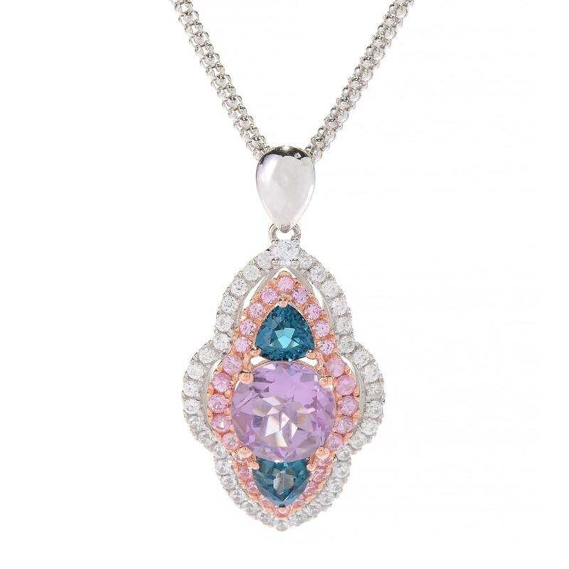 925 Sterling Silver London Blue Topaz,Pink Amethyst,Pink Sapphire,White Natural Zircon Pendant