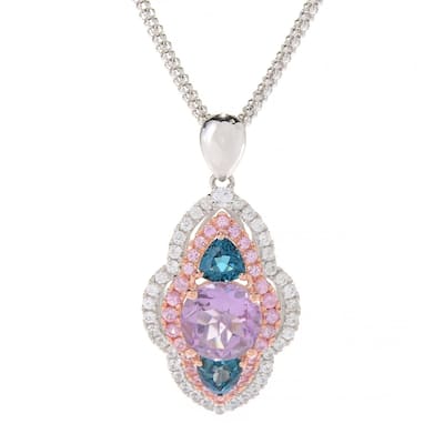 925 Sterling Silver London Blue Topaz,Pink Amethyst,Pink Sapphire,White Natural Zircon Pendant